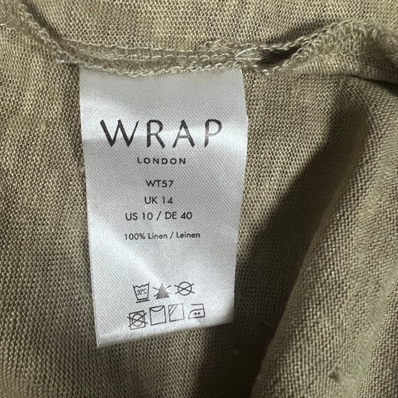 WRAP London Linen Tunic US 10 V-Neck 3/4 Sleeve Roll Tab Side Split Olive Sage - Picture 2 of 16